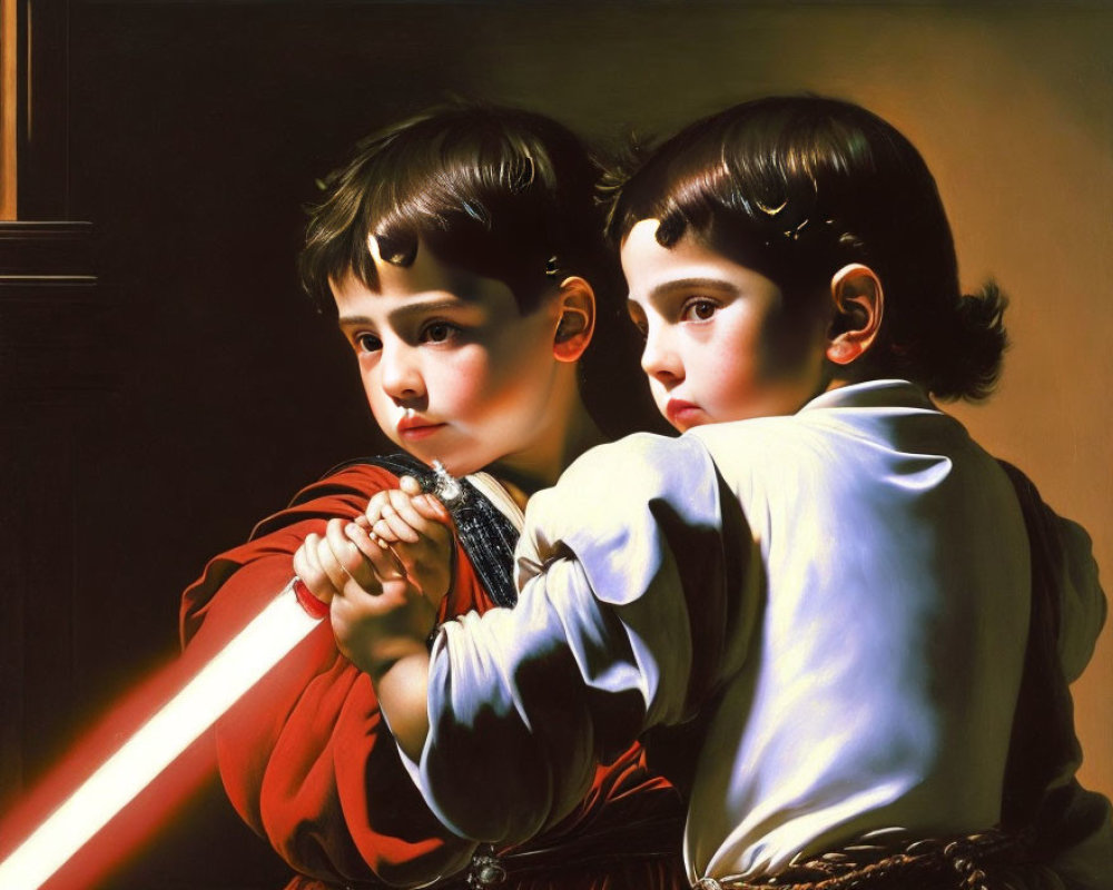 Children in Star Wars costumes with lit lightsaber in classical painting style