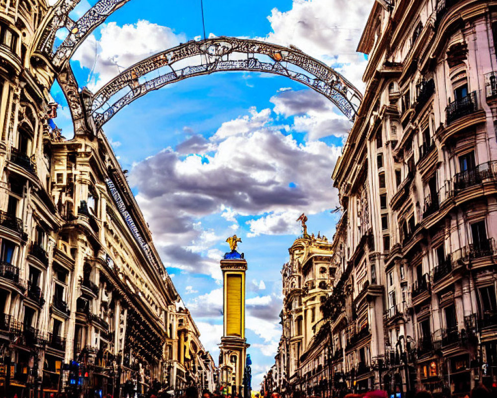 Ornate buildings and statue in vibrant street scene