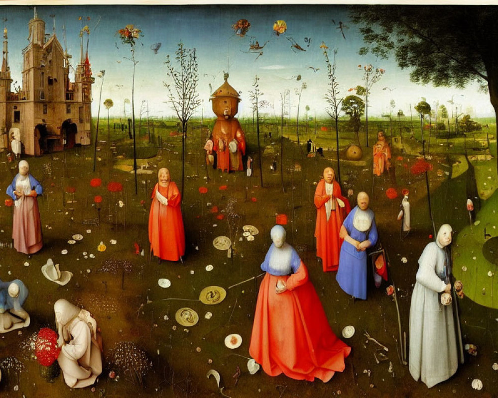 Detailed Renaissance painting with fantastical landscape, period attire, bizarre structures, hybrid creatures, and oversized flowers