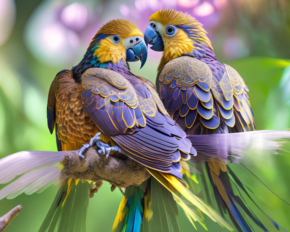 Vibrant macaws perched together among soft pink flowers