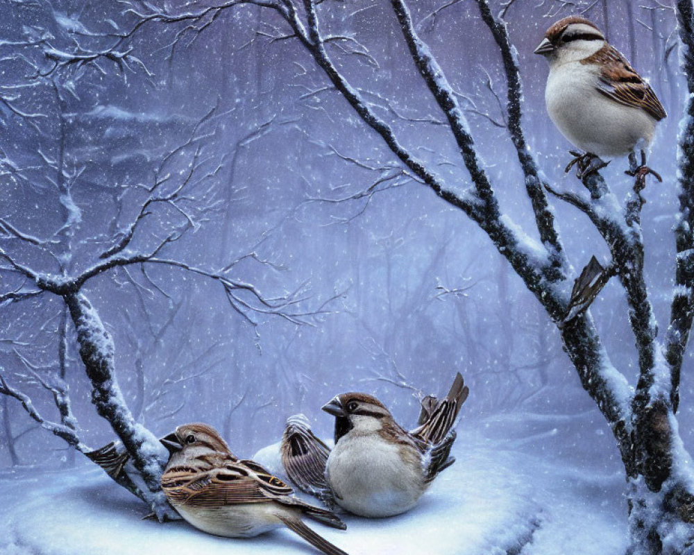 Winter forest scene with three sparrows on snowy branches