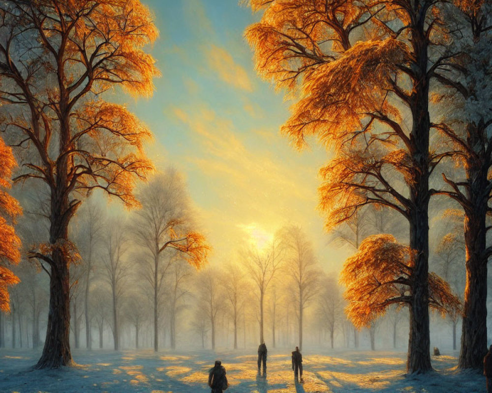 Winter Park Scene: Golden Trees, Snow, and People Walking