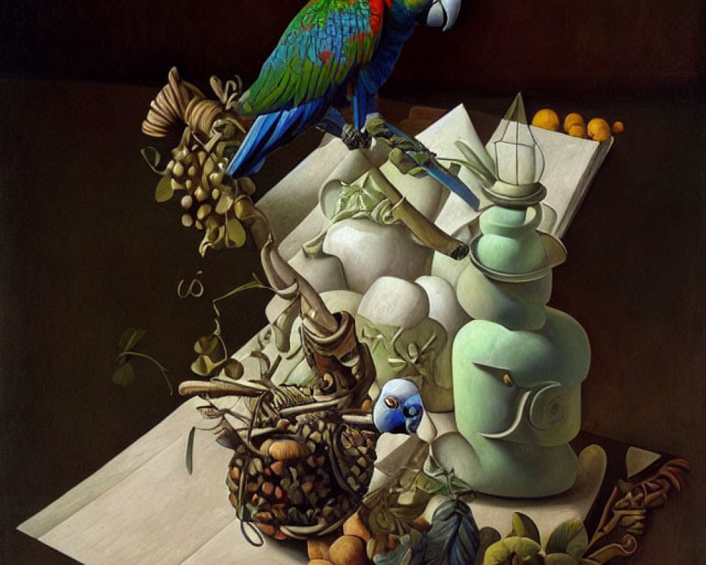 Colorful Parrot on Still Life with Books, Vase, Fruit, and Small Bird
