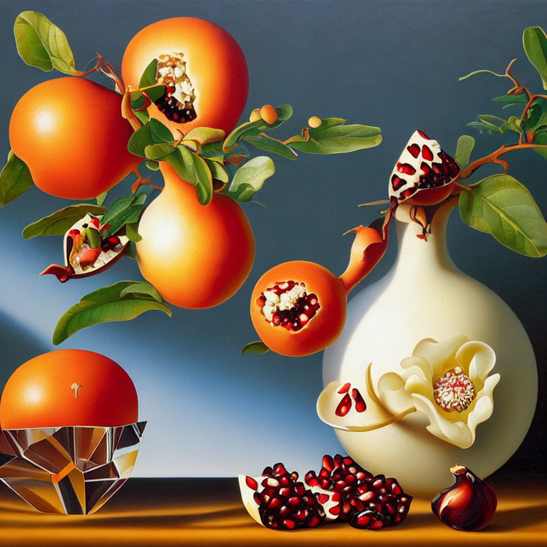 Colorful Still Life Painting: Oranges, Pomegranates, Flower in White Vase