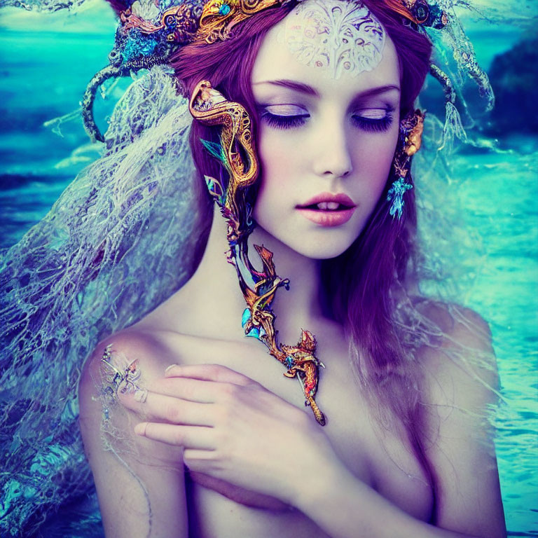 Woman in fantasy sea creature attire with jewel headdress and serpent accessory
