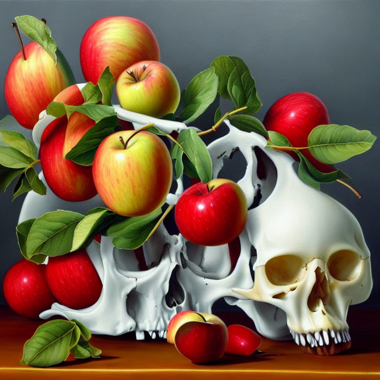 Realistic human skull painting with red and yellow apples on grey background