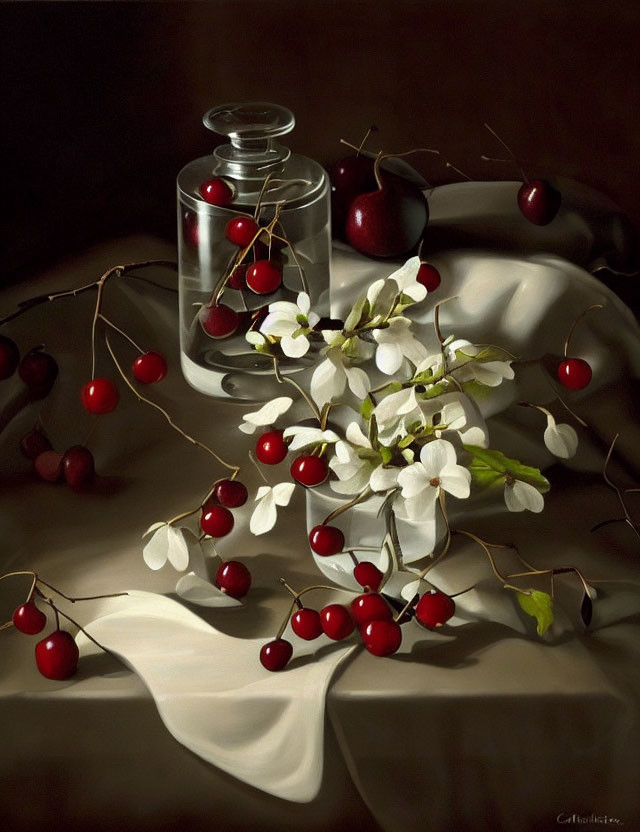 Cherries, white blossoms, glass jar on cloth with chiaroscuro lighting