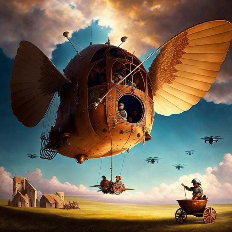 Steampunk airship with wings in golden sky surrounded by flying machines and figures on land vehicles in