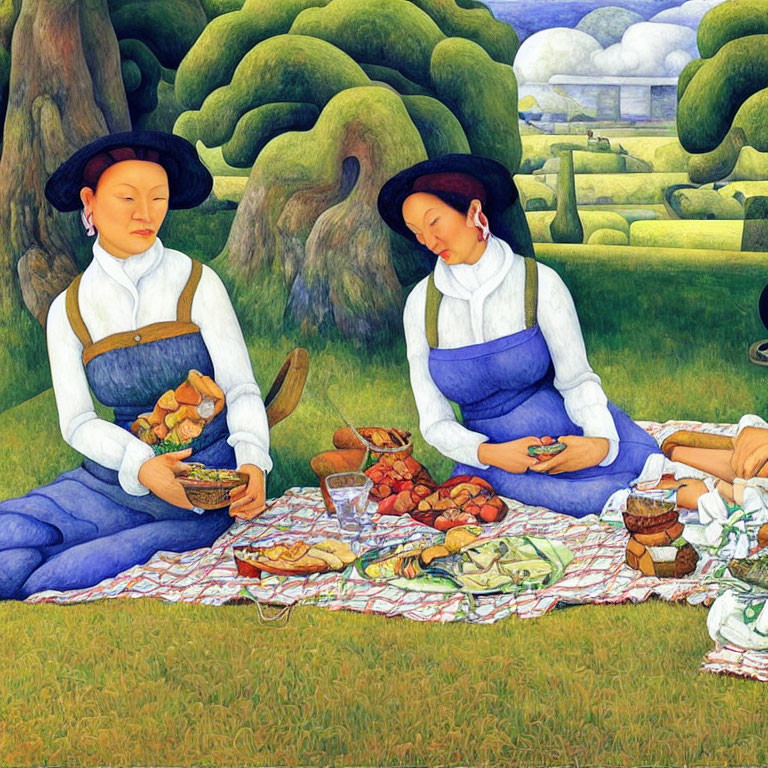 Stylized women in traditional dress on picnic blanket in lush landscape