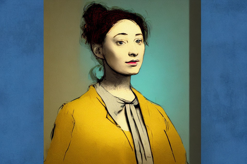 Detailed illustration of a woman with red hair bun in yellow jacket and bow tie on blue and beige backdrop