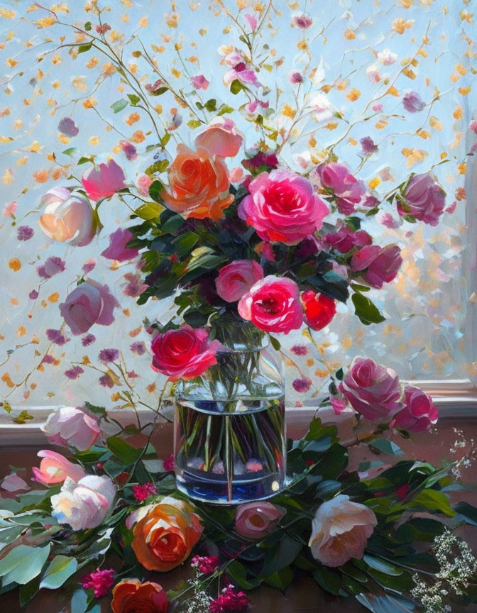 Colorful Rose Bouquet Painting with Glass Vase and Window Light