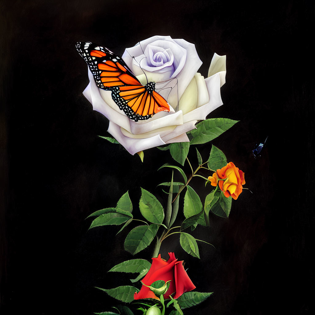 Monarch butterfly on lavender rose in bouquet with red and orange roses