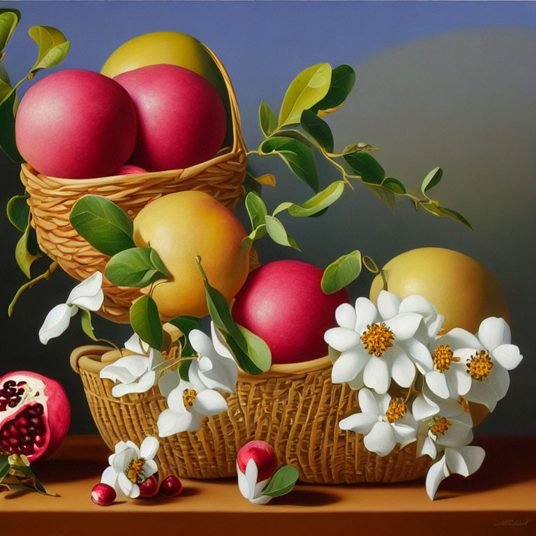 Colorful Fruit Still Life Painting with Wicker Basket and Flowers
