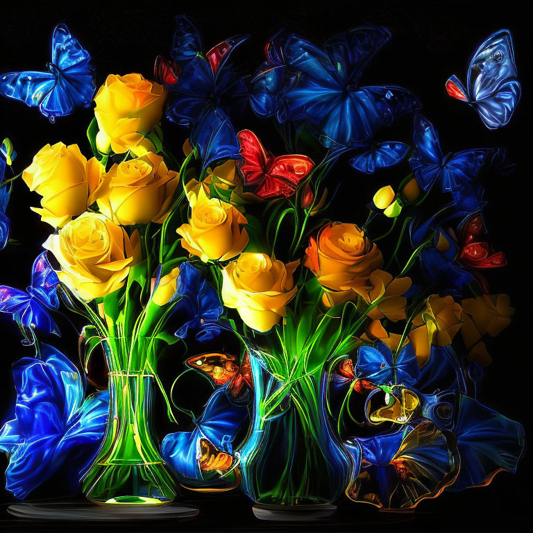 Yellow Roses and Butterflies in Vase on Dark Background