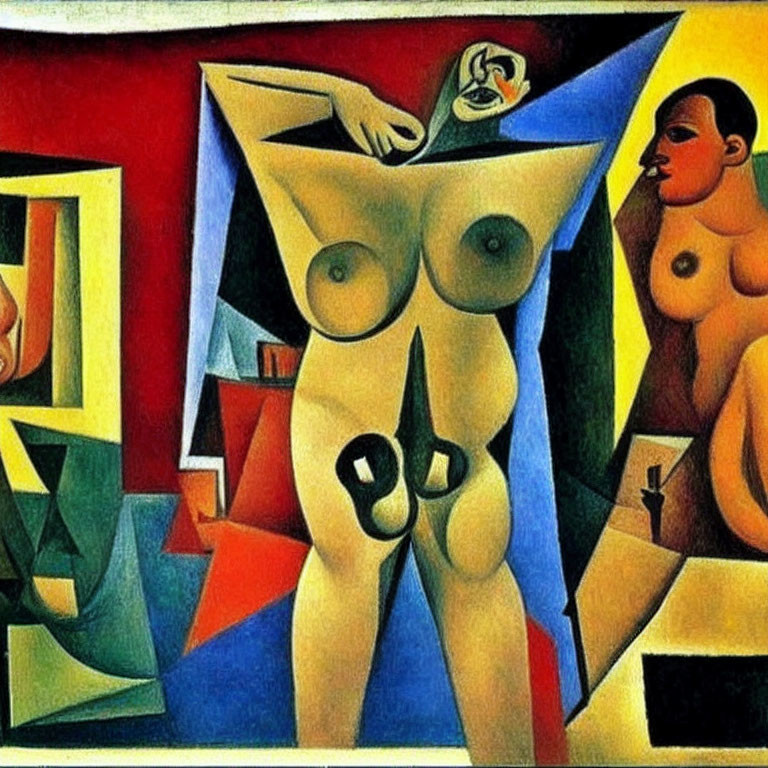 Abstract Cubist Painting with Distorted Human Figures and Bold Colors