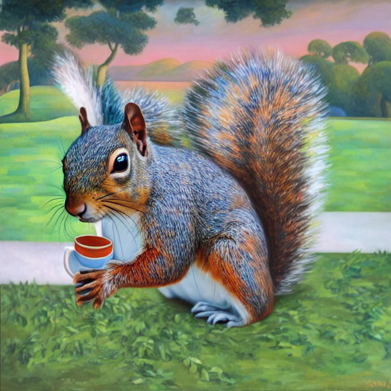 Whimsical oversized squirrel painting with cup in pastoral landscape