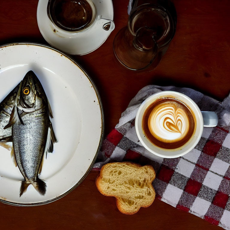 Assorted food and drink on wooden table setting.