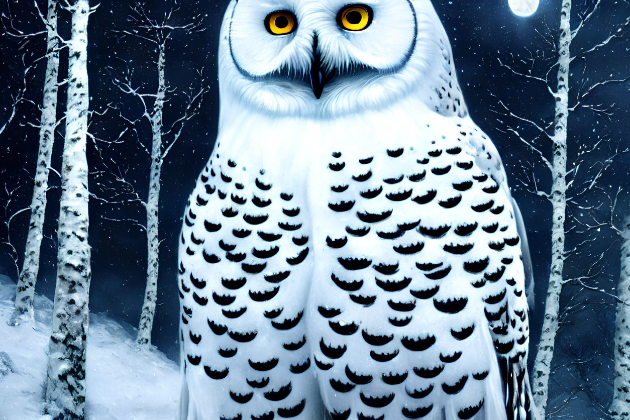 Snowy owl with intense yellow eyes in wintry birch forest