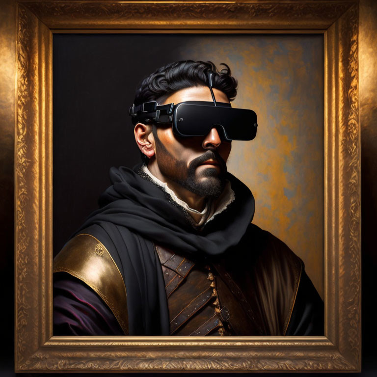 Man in historical attire with modern VR goggles in ornate frame.