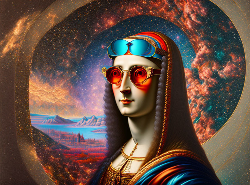 Multicolored Futuristic Mona Lisa with Cosmic Background