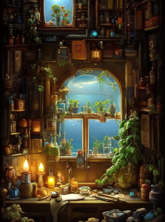 Warmly Lit Room with Books, Plants, Artifacts, and Sea View