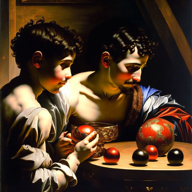 Classical oil painting with two figures, golden goblet, red apples, and dark background