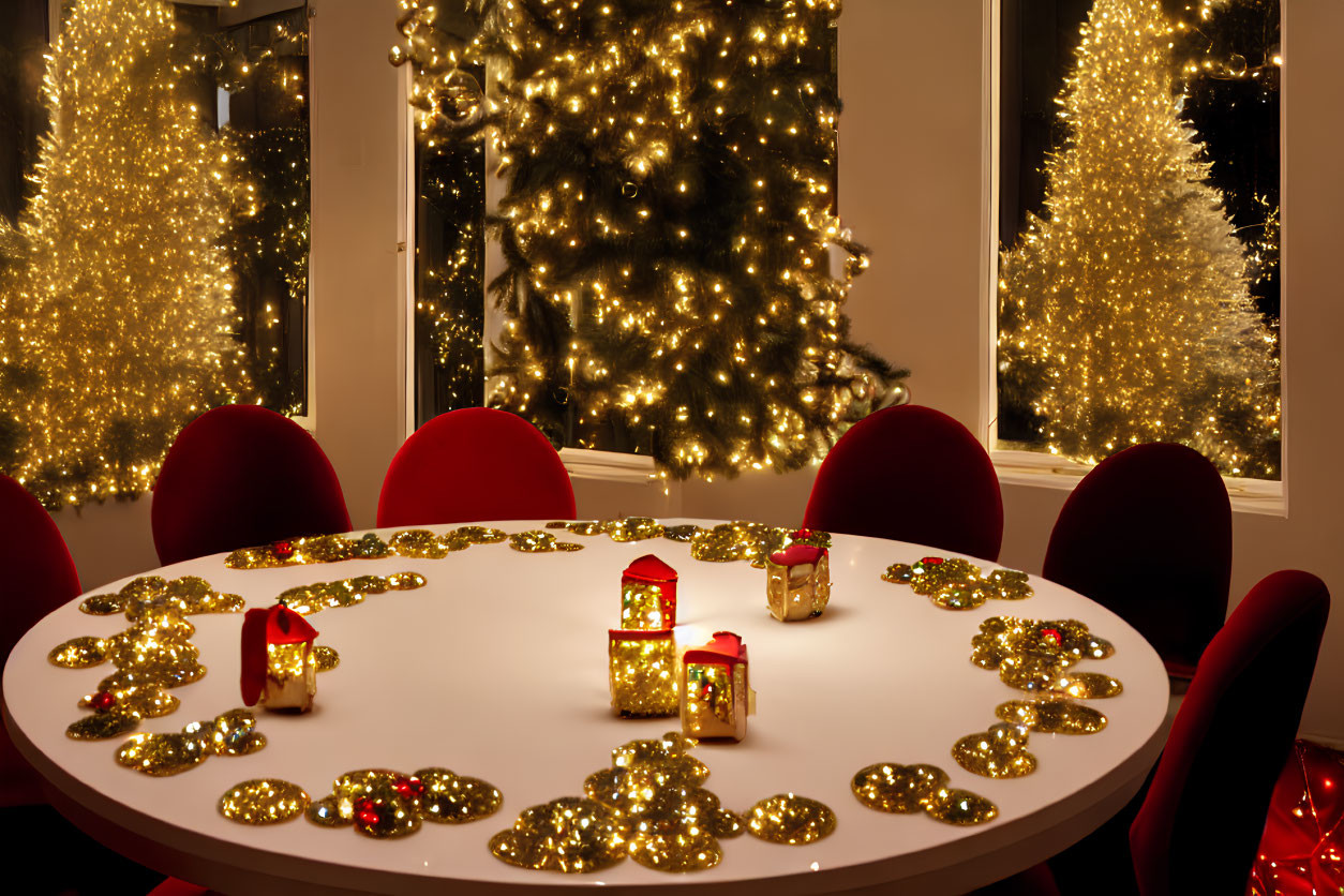 Festive room with white table, gold glitter decorations, red chairs, and illuminated Christmas trees