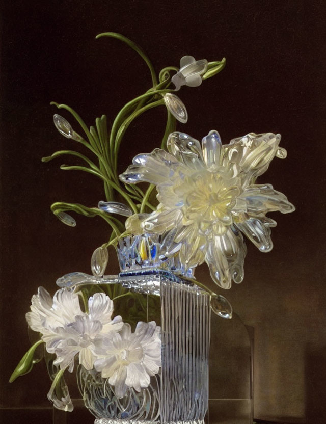 Translucent flowers in clear vase against dark background