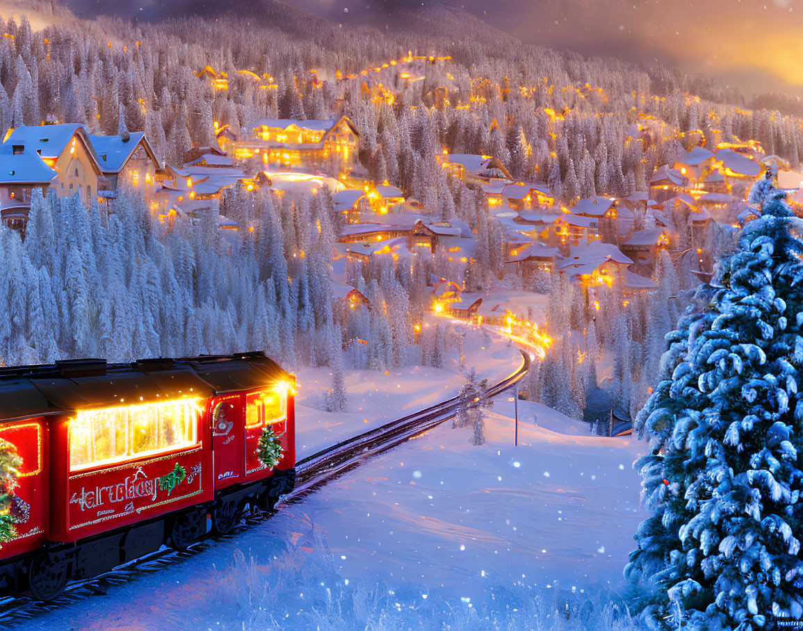 Snow-covered village with holiday train and glowing lights at twilight