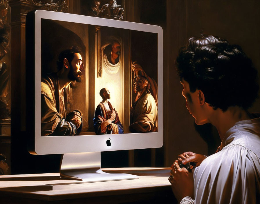 Person praying in front of religious painting on computer screen