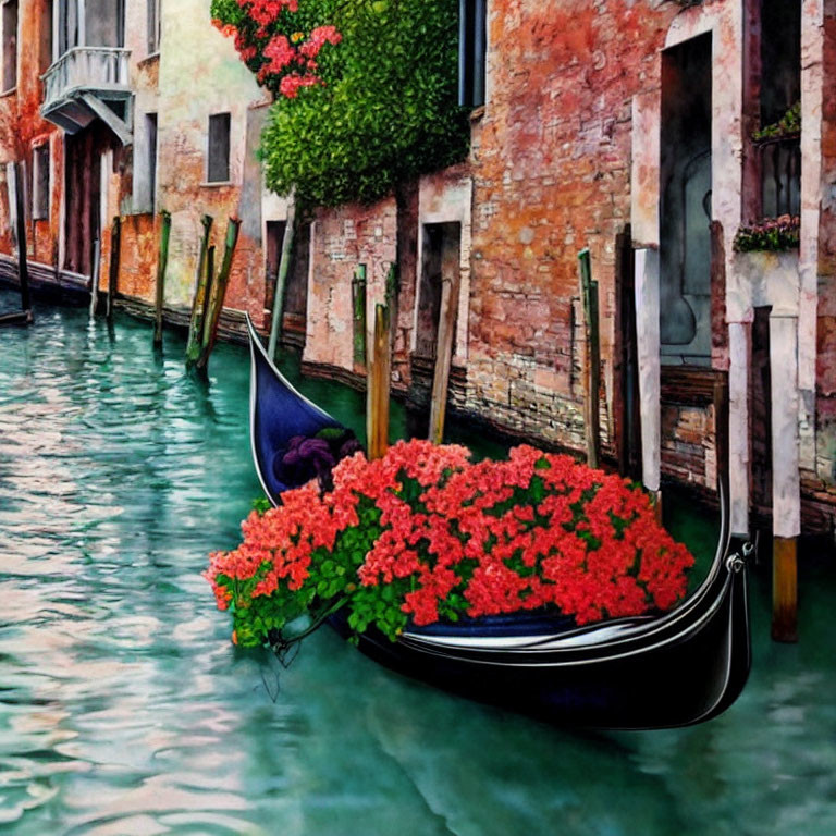 Venice canal painting with gondola and red flowers amid aged buildings