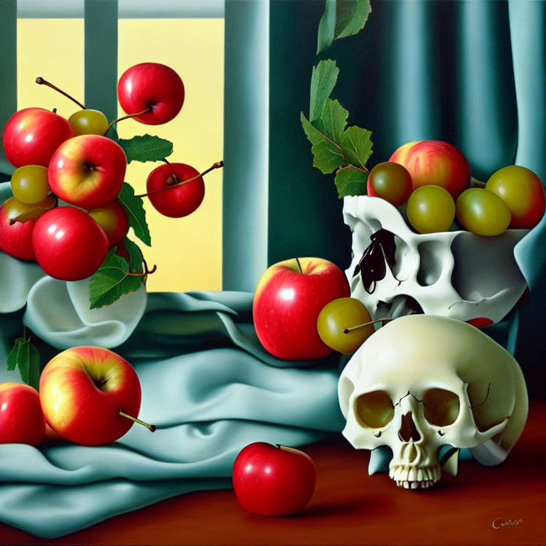 Hyperrealistic still life painting with red apples, green grapes, skull, fabric, and striped background