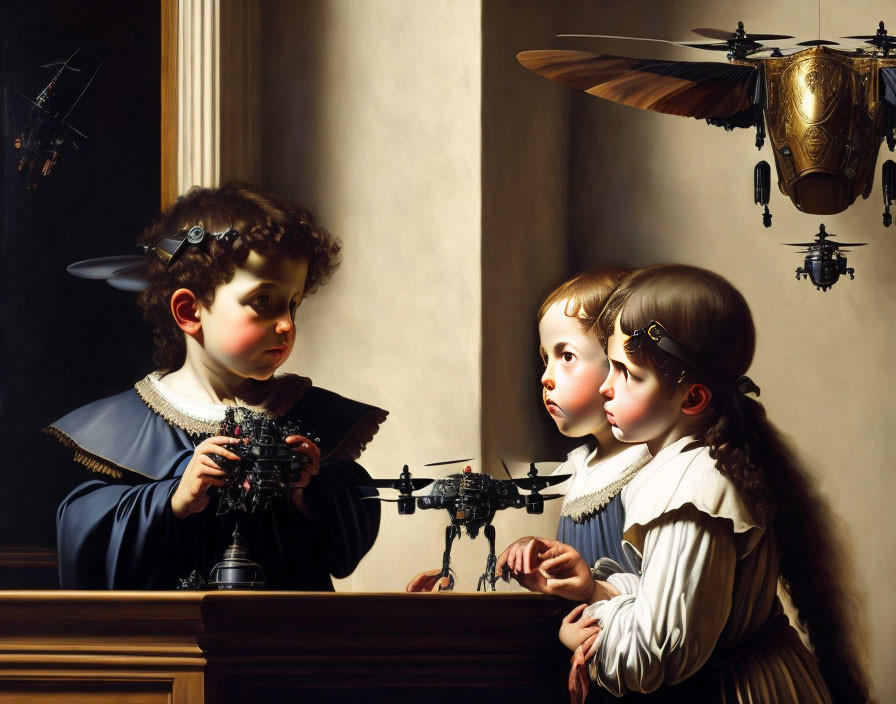 Classic Painting of Children with Steampunk Flying Toys