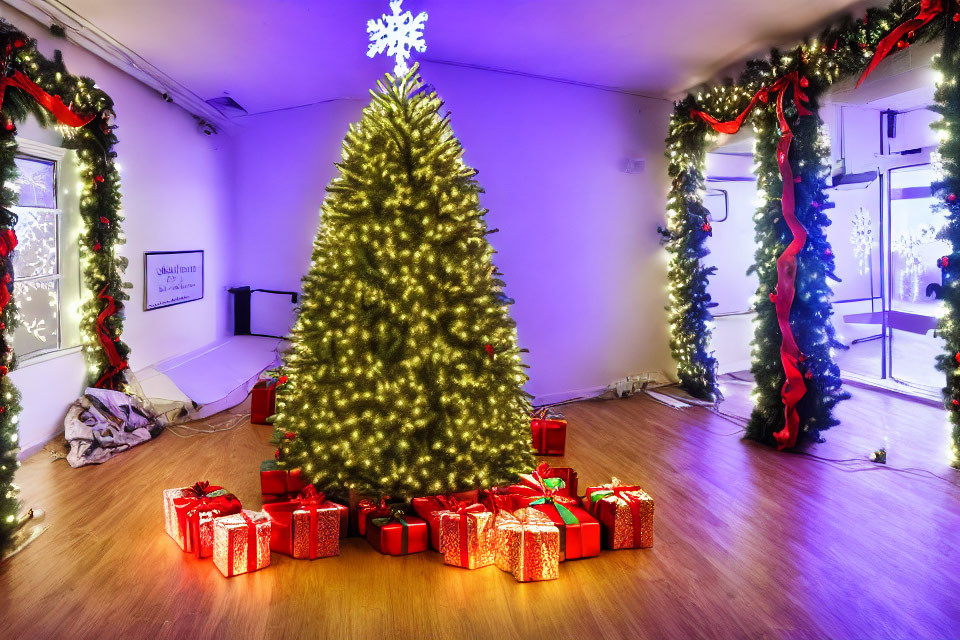 Festive Christmas tree with gifts, garland, and lights in purple room