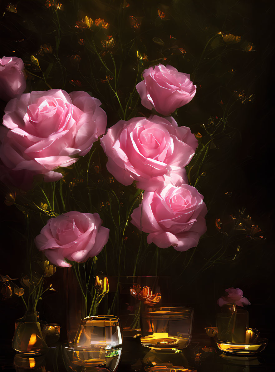 Pink roses illuminated in dark setting with glowing flowers and candles