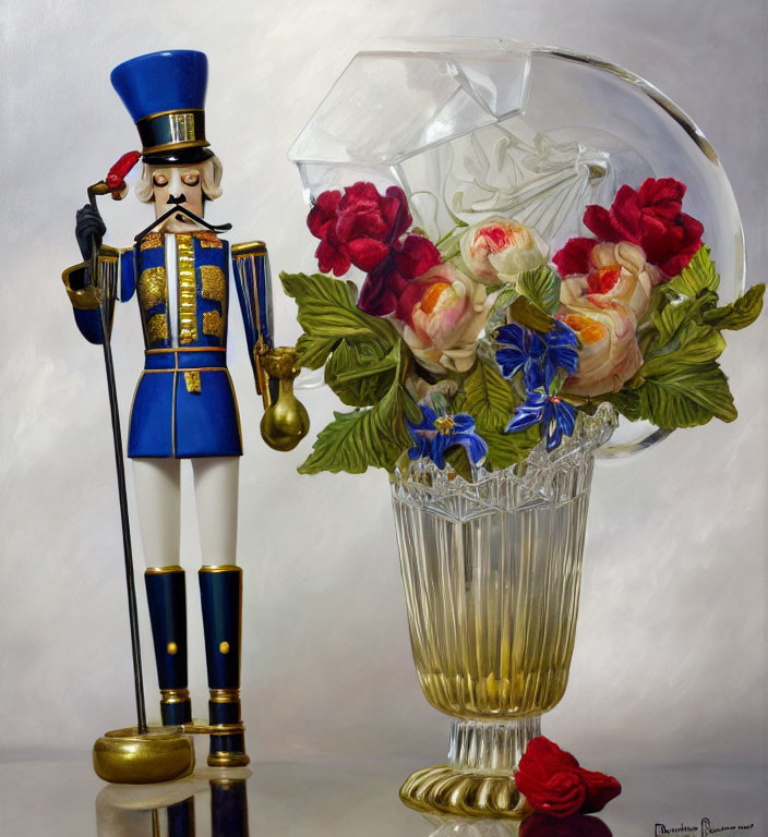 Nutcracker Figurine with Flowers Under Umbrella on Reflective Surface