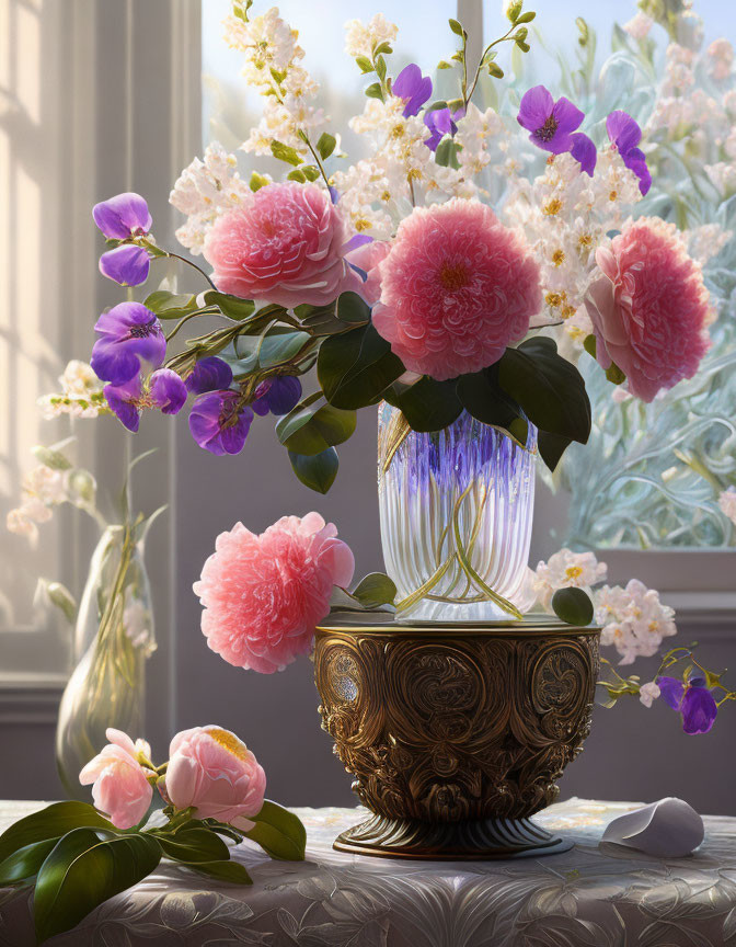 Pink peonies and purple flowers in decorative vase by window with light