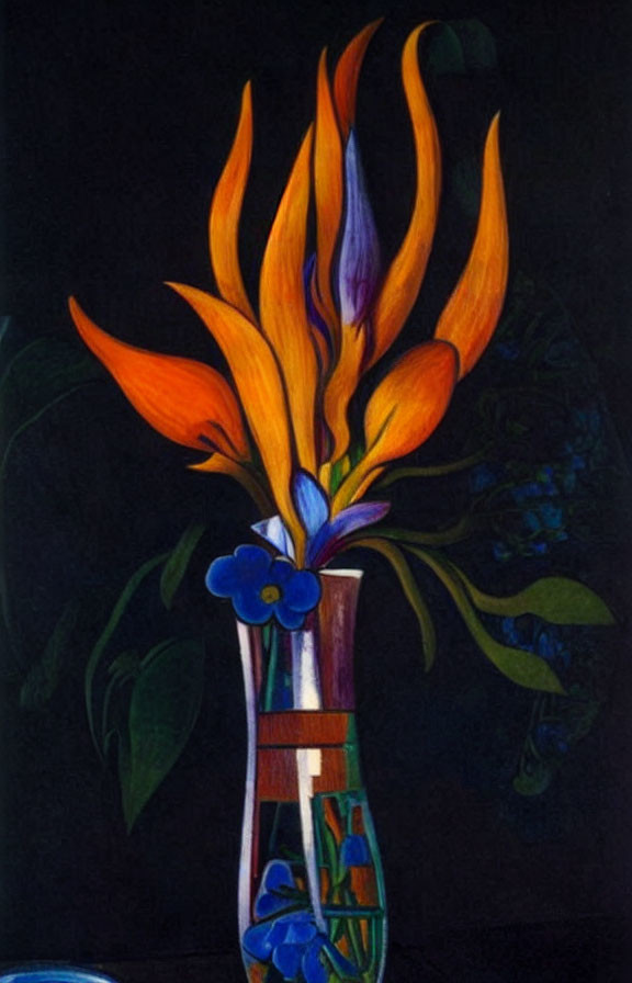 Colorful painting of bird-of-paradise flowers in vase with blue ornaments on dark background