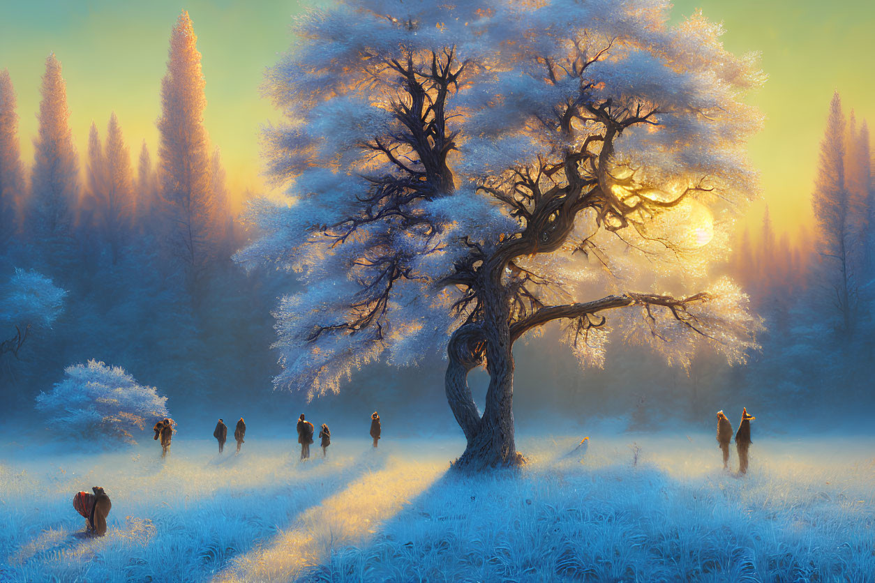 Mystical landscape with frost-covered tree and wandering figures