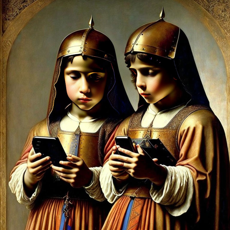 Medieval armor-clad figures with smartphones in classical painting setting