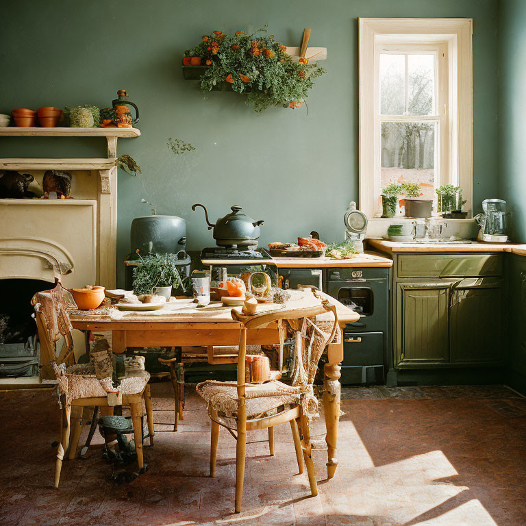 Rustic kitchen with green cabinets, wooden table, herbs, stove, and natural light