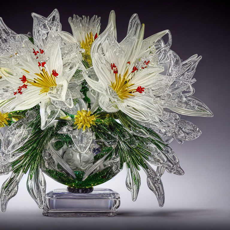 Intricate glass sculpture: white lilies, red stamens, green foliage