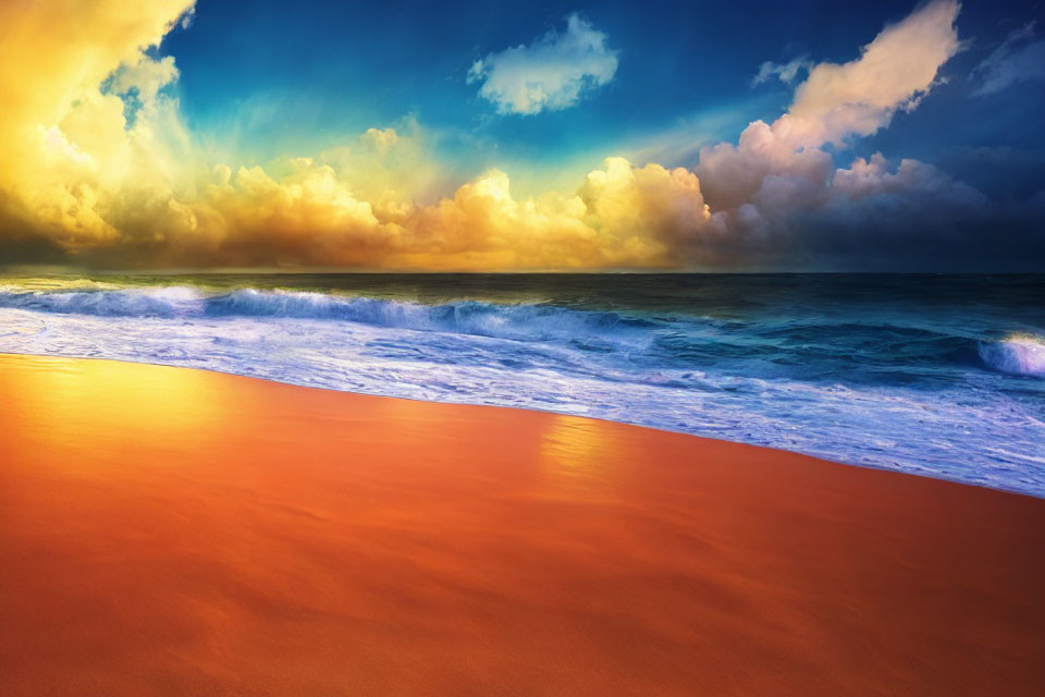 Sunset scene: Golden beach, turquoise waves, dramatic sky.