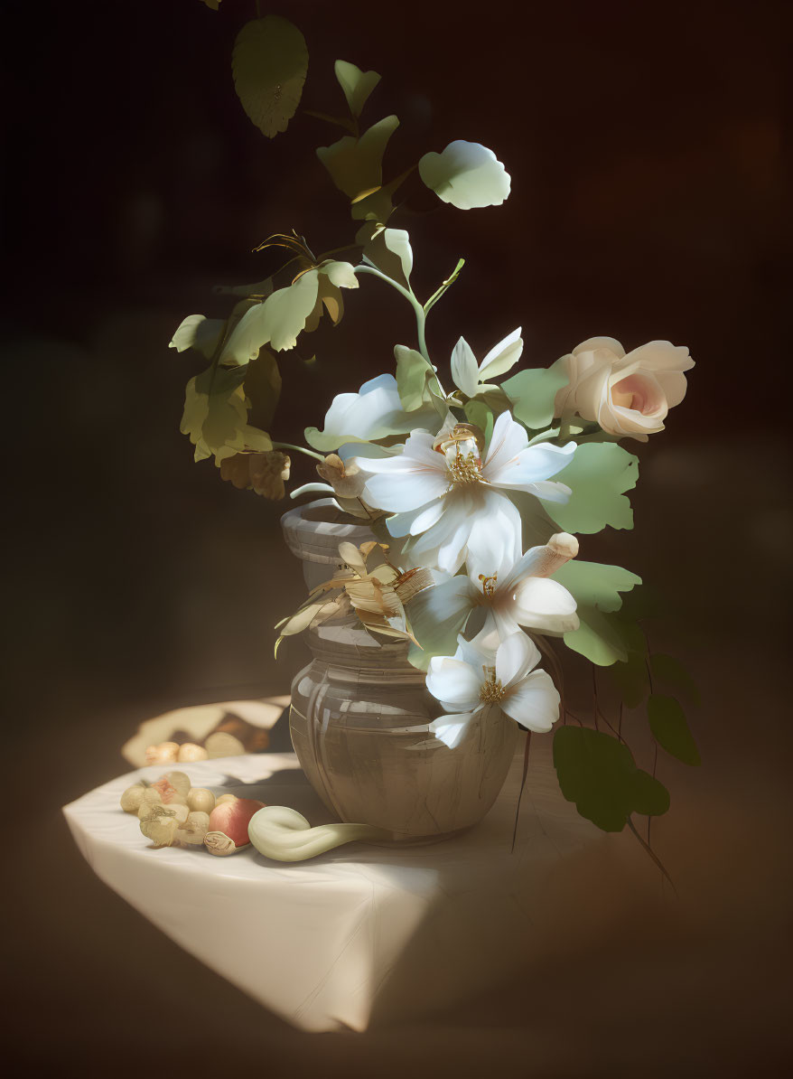 White flowers and nuts in vase on cloth - serene still life.