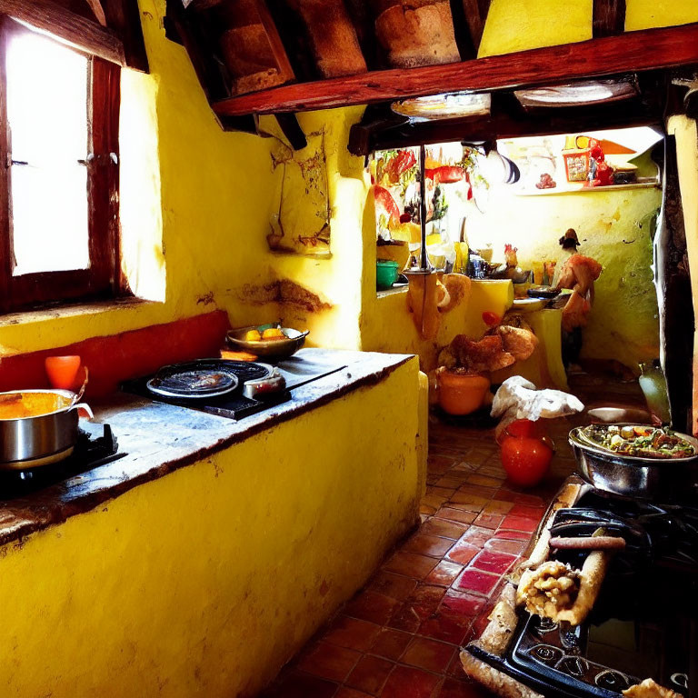 Warm Yellow Rustic Kitchen with Wooden Beams and Cooking Ingredients