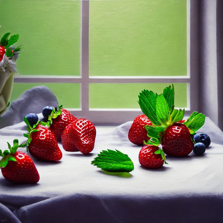 Red and blue berries on white cloth by window with green view.