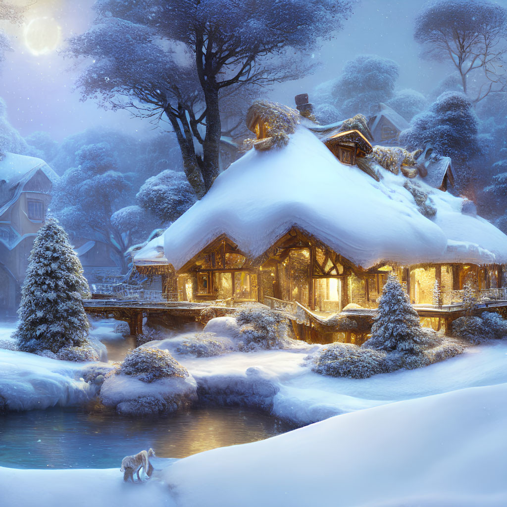 Snow-covered cottage beside frozen stream in tranquil winter landscape