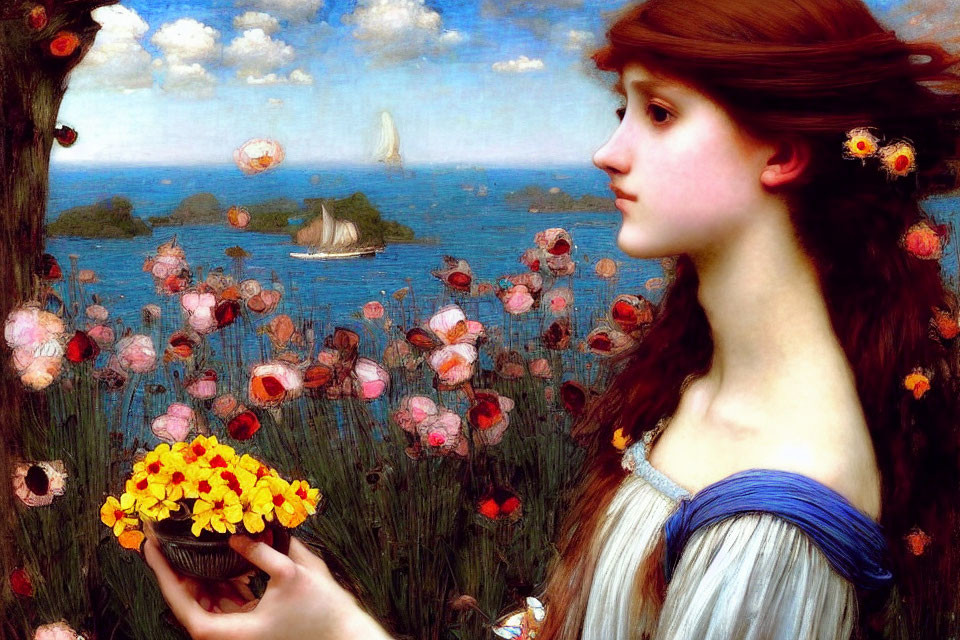 Young woman in classical dress with flowers in vibrant meadow.