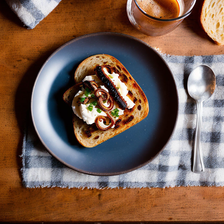 Grilled octopus tentacle on creamy spread toast with coffee and utensils