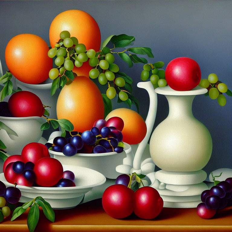 White vase with oranges, grapes, plums on plates, grey backdrop